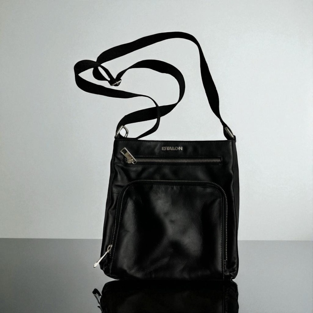 Estalon  Black Leather Crossbody Purse Messenger Bag 8.5L x 9H x 1.5W.